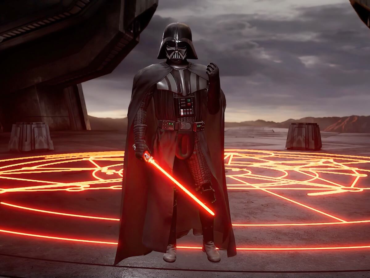 Darth vader clenching fist, VR headset screen grab.