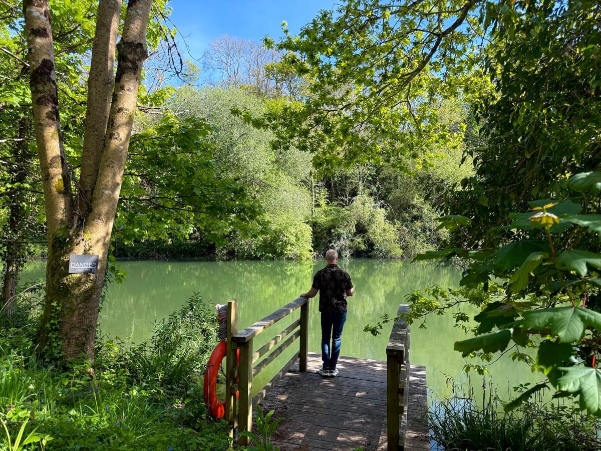 Tranquil lakeside spot with fishing platform and nature views