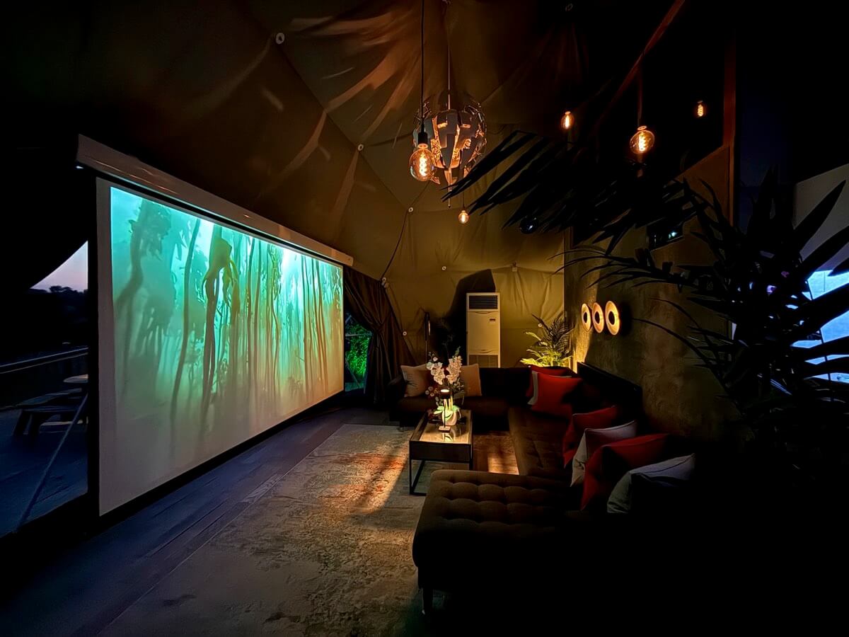 Sunridge Geodome projector screen at night. 