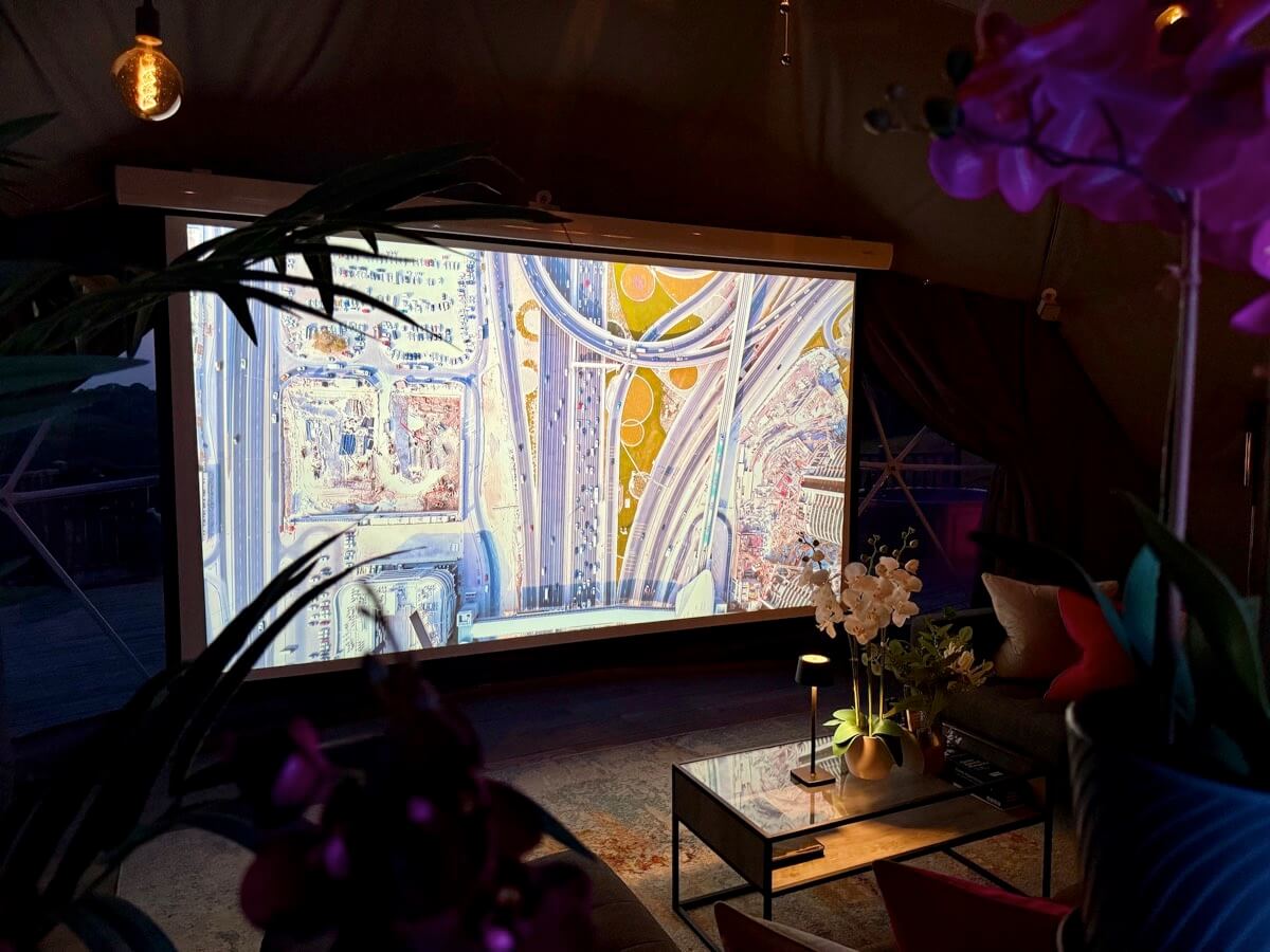 Artistic cinema screen scene with vibrant overhead detail