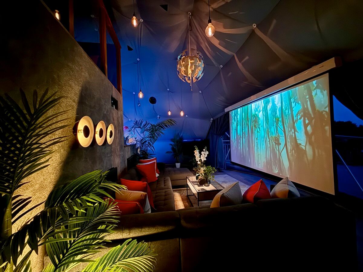 Sunridge geodome projector screen in mood lit backdrop.