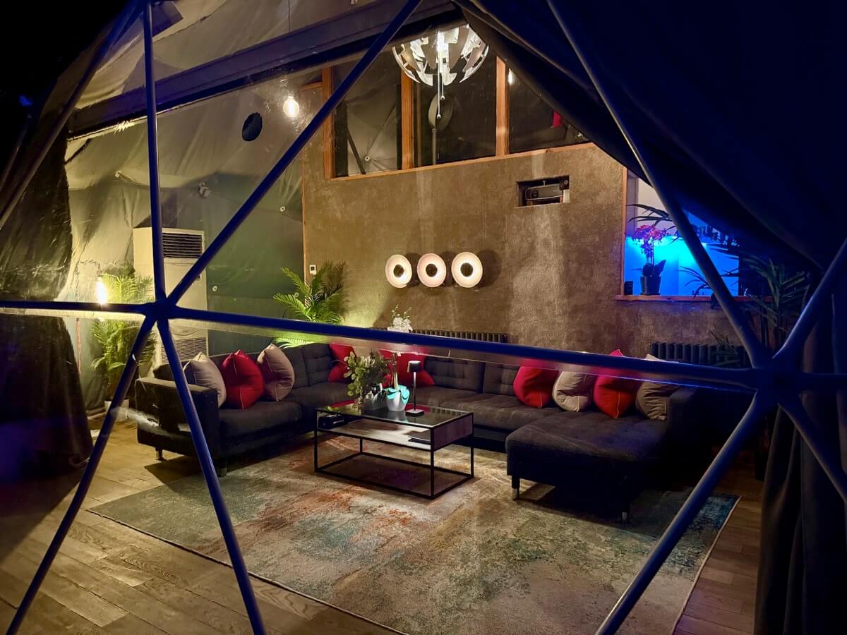 Night-time dome interior with ambient cinema room lighting