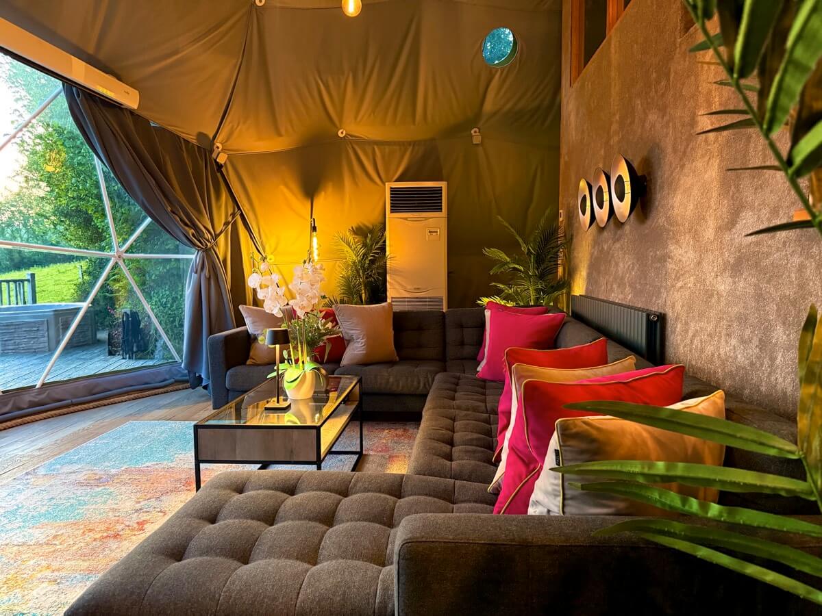 Twilight lounge ambience with golden feature lighting